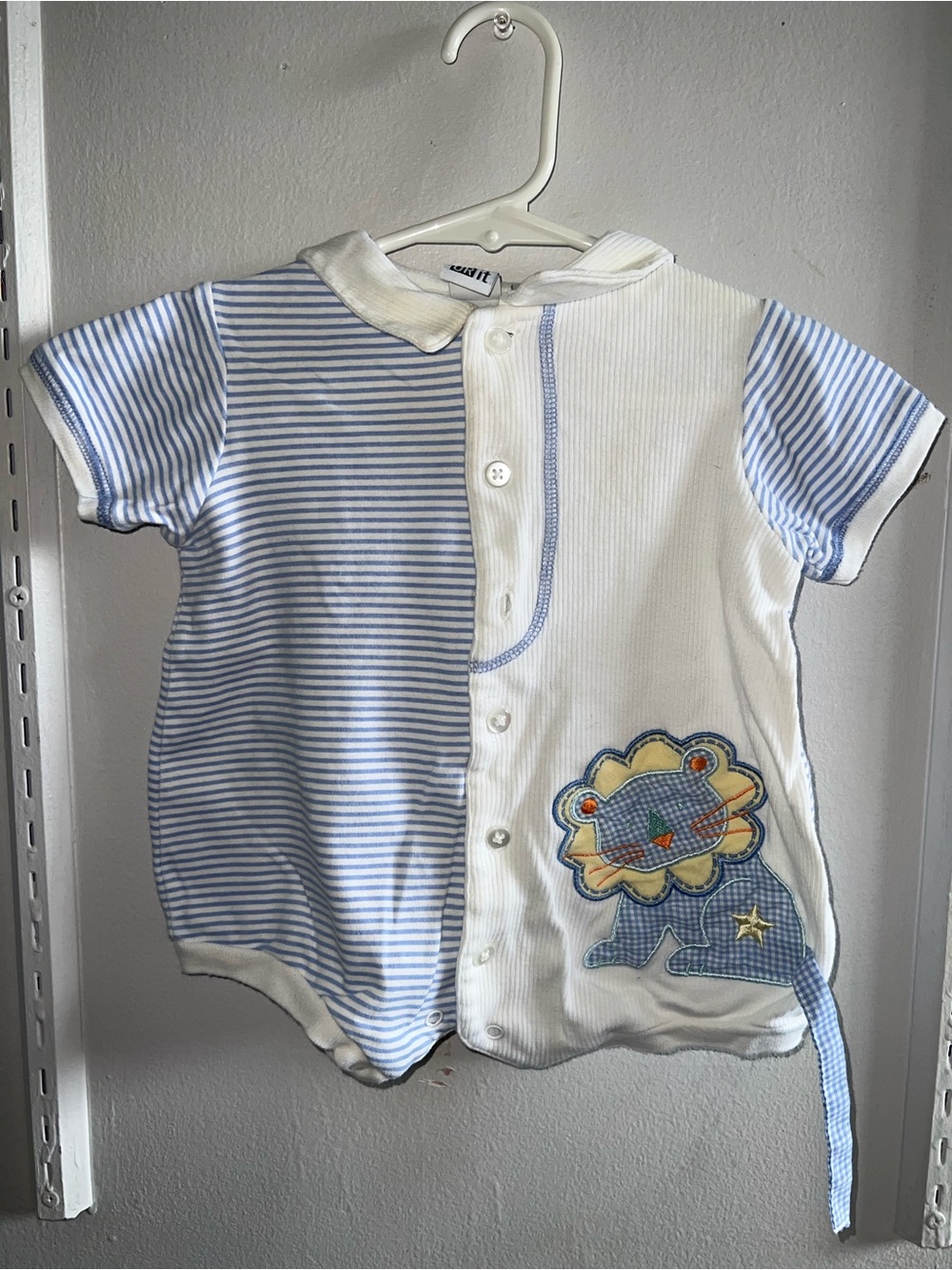 Vintage Striped Blue & White Baby Romper with Lion Applique